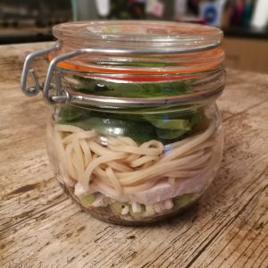 Jar Noodles - Layered vegetables, chicken and noodles in a flip lidded jar