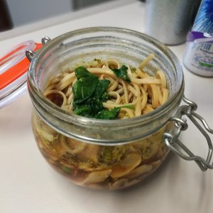 Jar Noodles - Cooked noodles and spinach in a jar