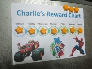 One Perfect Week - A white piece of paper with Charlie's Reward Chart written on it and some gold stars with the days of the week above them
