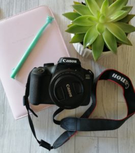 more things I wish I'd known - A DSLR on top of a pink file with a blue pen next to it and a succulent in the top right corner
