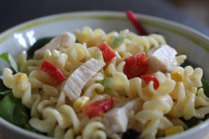 Chicken Mayonnaise Pasta Salad - a bowl with twirly pasta, chicken pieces and colourful veg