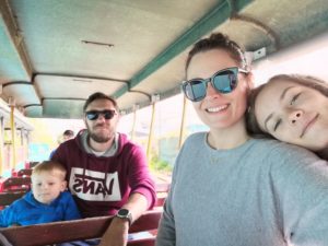 Frugal family days out - The four of us in a open train carriage 