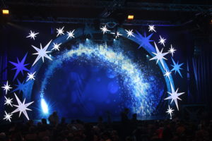 Cinderella at the Mercury Theatre - The stage lit up with a blue aura and white stars making an arch