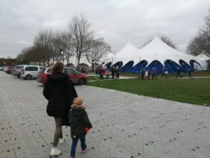 Cinderella at the Mercury Theatre Colchester - My children walking across the car park with a white Big Top in the background 